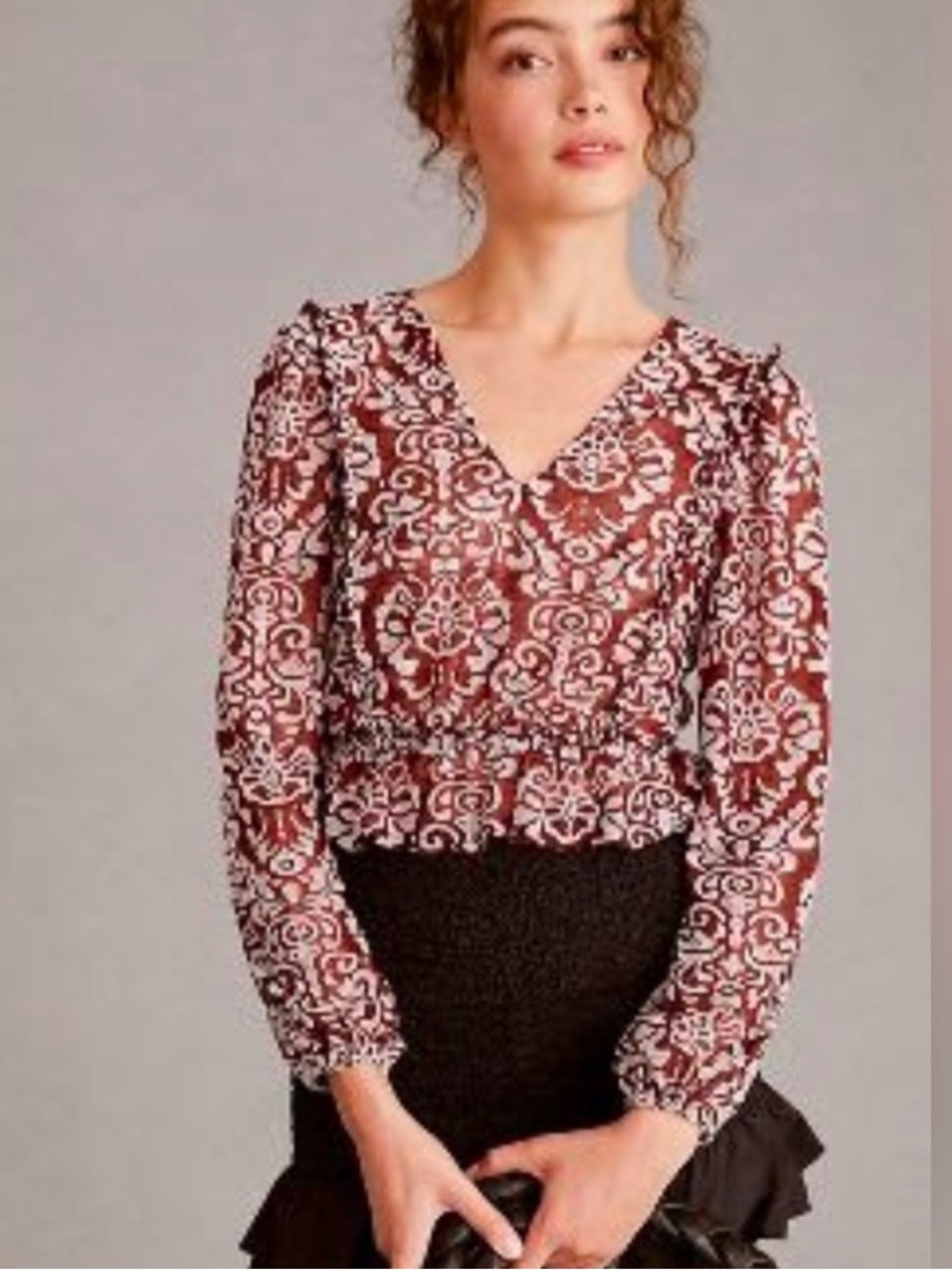 Anthropologie Jacquard Peasant Blouse Medium Burgundy Floral Boho Top